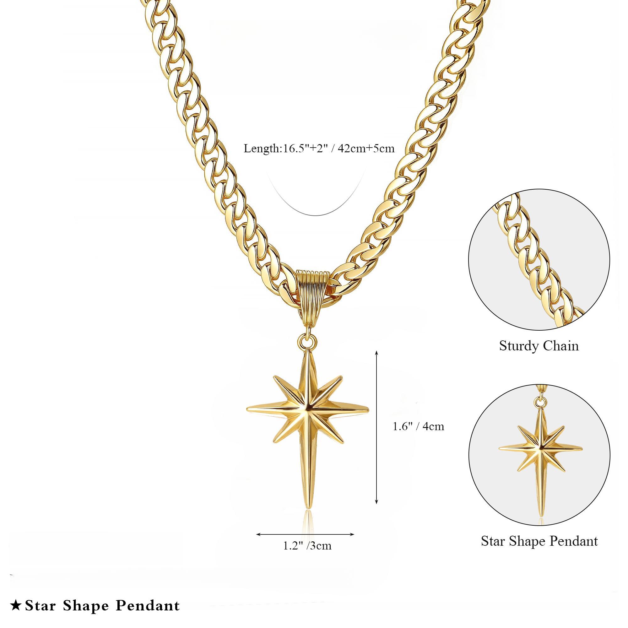 DB- Women's Gold Flat Cuban Chain Necklace with Eight-Pointed Star Pendant - Trendy Y2K Style Statement Jewelry, A Perfect Valentine's Day Gift Choice-DB