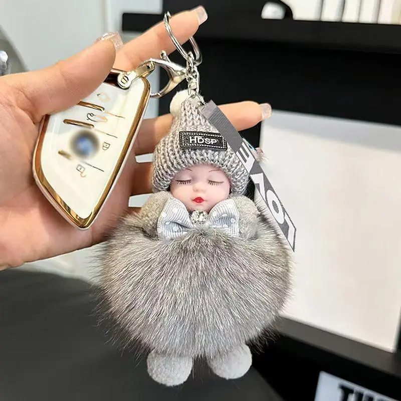 Adorable Plush Sleeping Doll Keychain Fluffy Cute Charm Bag Pendant Car Key Ring Home Hanging Rack Backpack Accessory Kawaii Gift for Girls Women Viral TikTok Shop Trending Aesthetic Soft Fur Toy