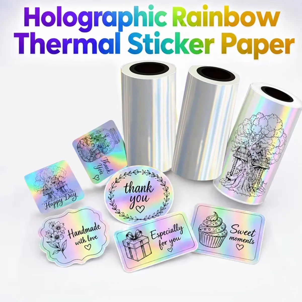 Thermal Holographic Aesthetic Stickers, Rainbow Flash Thermal Stickers, Compatible with C9/c17/x6/t02/m02 Printers, DIY Design, Party Decorations