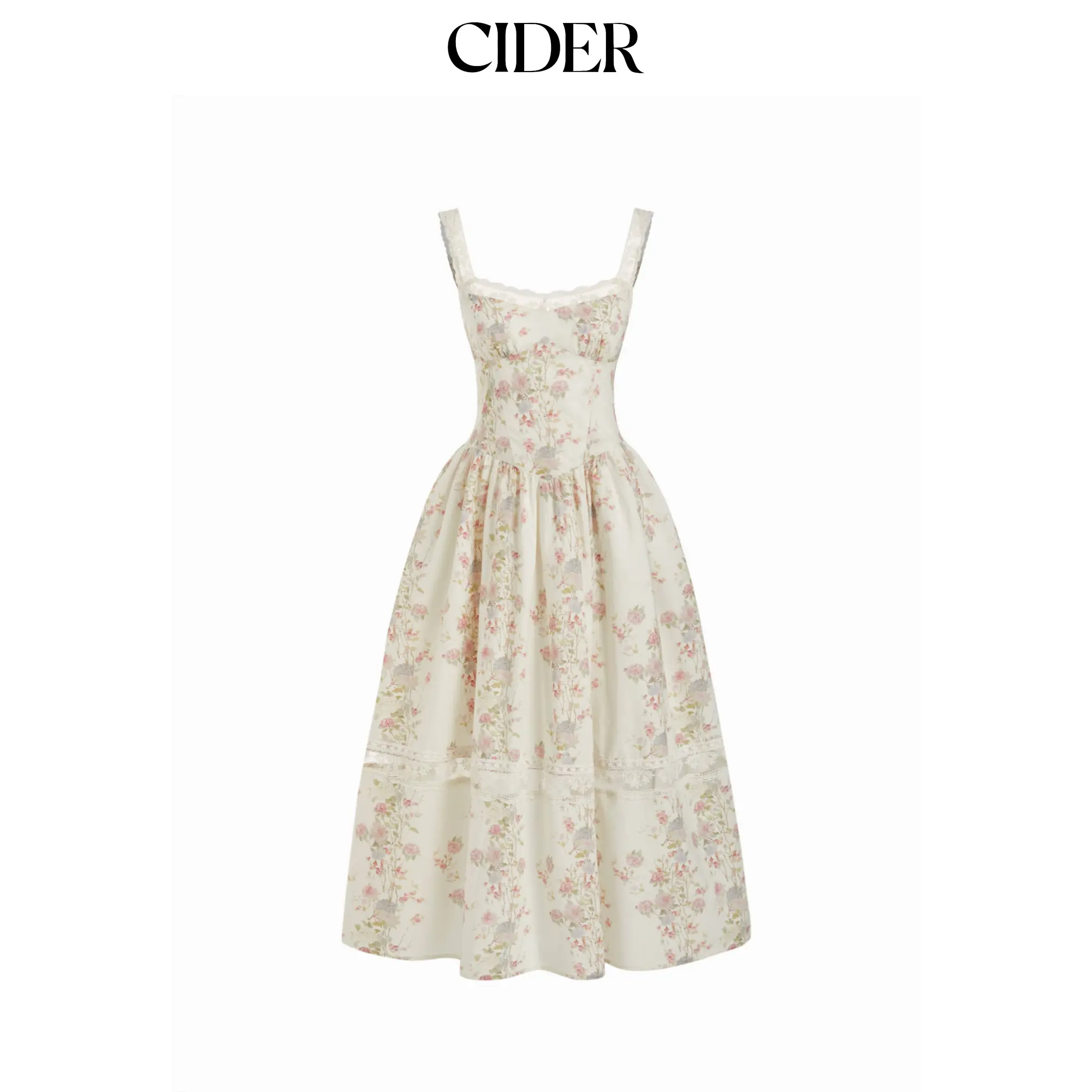 Cider Cotton-blend Floral Sweetheart Lace Trim Milkmaid Mixi Dress SohoChic