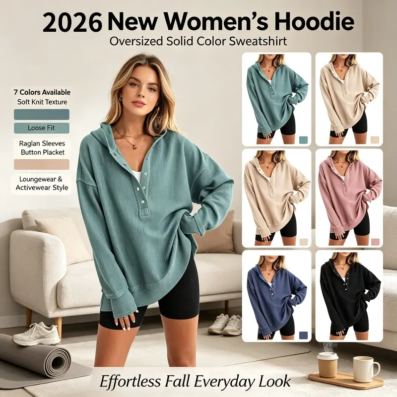 Women's Waffle Knit Hooded Sweatshirt - Oversized Henley Button Longsleeve Hoodie with Flat Basic Fit, Drop Shoulder Solid Color Pullover Knitwear for Fall Winter Daily Wear