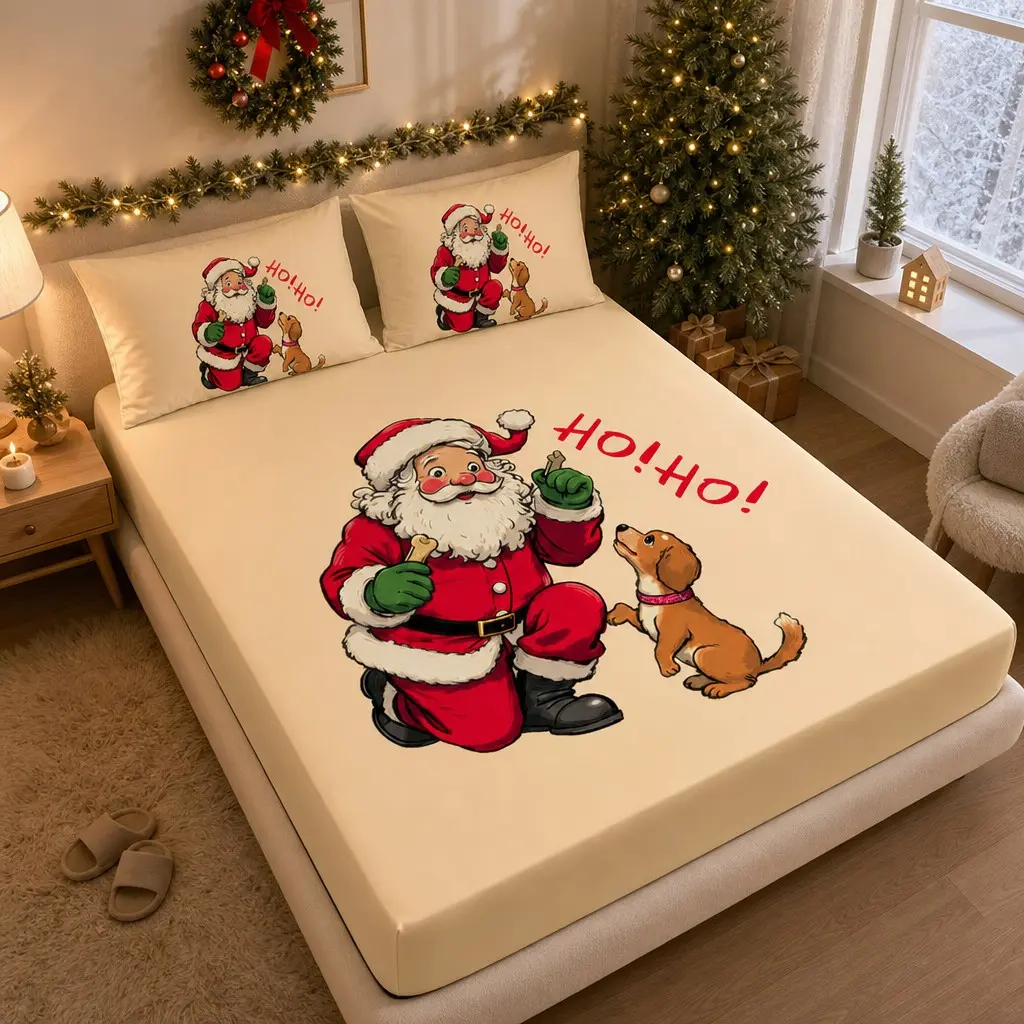 3-Piece Christmas Santa Print Bed Sheet Set, Soft Breathable Mattress Protector, Bedroom & Kids Room Decor, Holiday Bedding Essentials