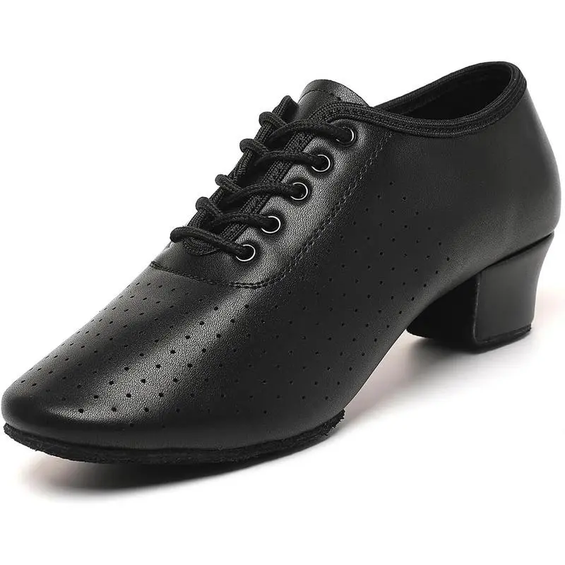 Women Lace-up Black Jazz Character Dance Shoes Professional Latin Low-Heel Ballroom Salsa Closed-Toe Split-Sole for Teaching Practice Performance