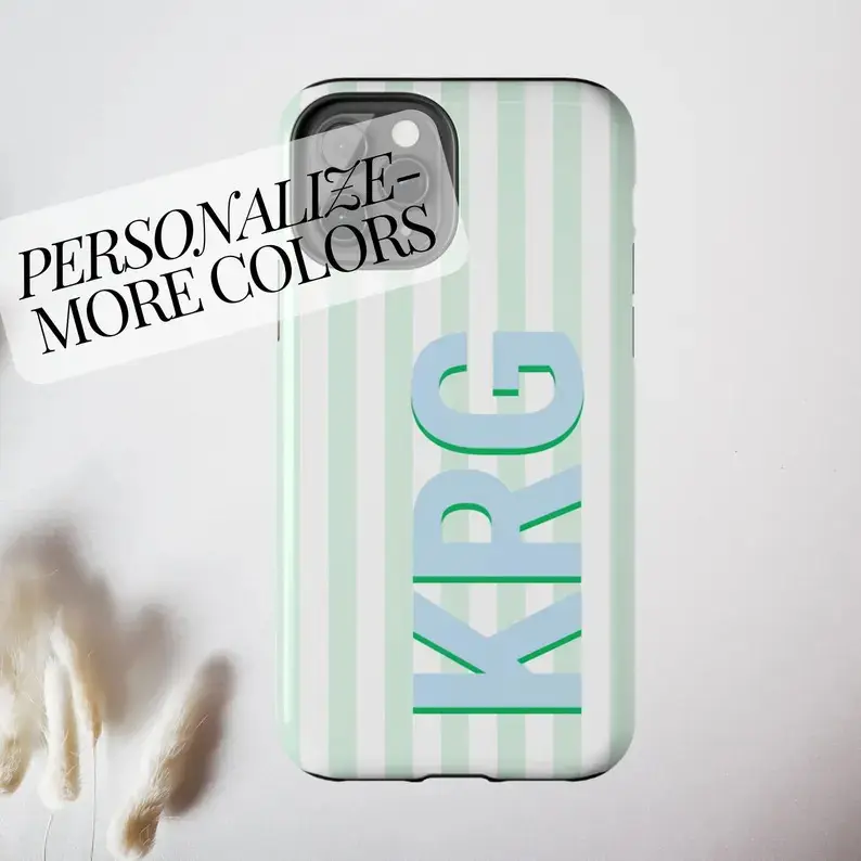 Custom Monogram Initials Case For Iphone 17 / 16 / 15 / 14 / 13 / 12 / 11 Pro Max / Plus , Samsung S22 / S23 / S24 / S25 Shadow Monogram Retro Stripe Summer Beachy Tough Phone Cover Personalized with Initial