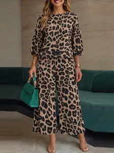 ZANZEA Women's Leopard Print Two-Piece Set, 3/4 Sleeve Loose-Fit Top, Elastic Waist Pants, Casual All-Season, Comfortable and Stylish