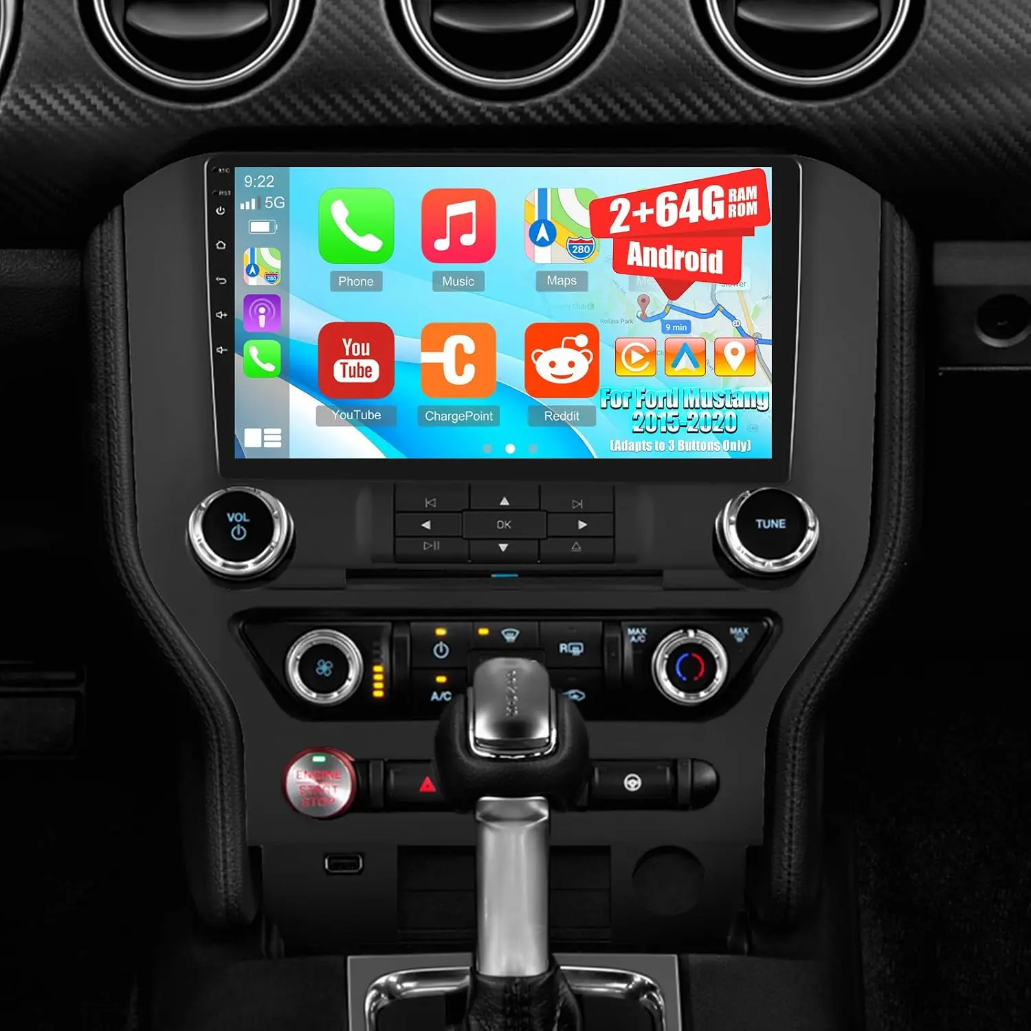 [2G+64G] 9 inch Screen for Ford Mustang Radio 2015 2016 2017 2018 2019 2020 (Adapts to 3 Buttons Only), Android  Car Stereo Support Carplay/Android Auto/1080P/Bluetooth/FM RDS