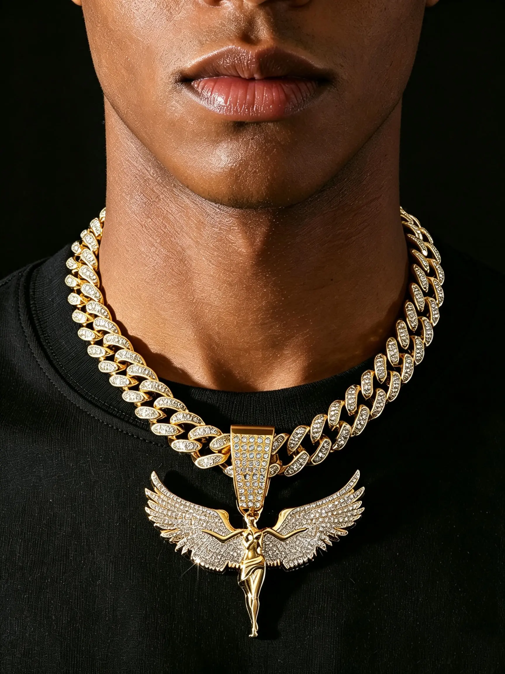 Men's Zirconia Cuban Chain Hip-Hop Style Angel Wings Pendant Necklace, Gold Silver oversize accessories, Perfect Birthday Gift for Men