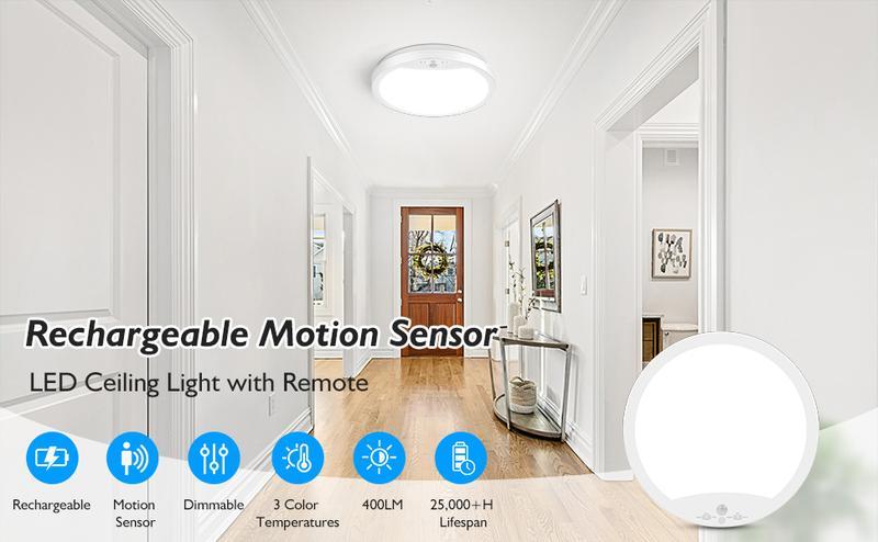 9" Battery Operated Ceiling Light, Motion Sensor Rechargeable Wireless LED Ceiling Light with Remote, Versatile Lighting Dimmable Indoor Overhead Lamp for Hallway, Living Room