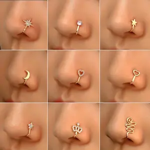9-piece set of  ring jewelry, shaped  rings made of copper, non-piercing  rings, U-shaped, star-shaped, heart-shaped, crown nasal clips with zircon, wearable as  rings