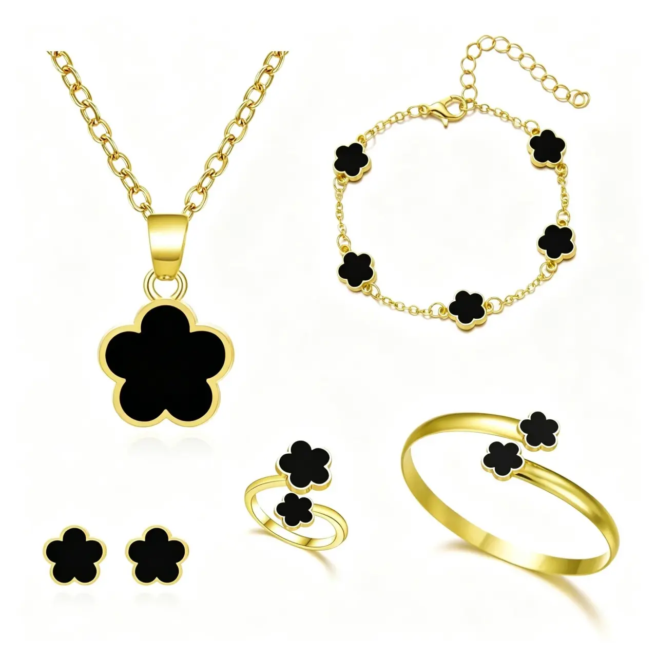 6Pcs Luxury Alloy Flower Design Charm Jewelry Set, Elegant Necklace & Bracelet & Bangle & Ring &Stud Earrings, Prom Fashion Cute Jewelry for Party, Daily Decor, Trendy All-match & Exquisite Jewelry for Birthday & Girlfriend Gift