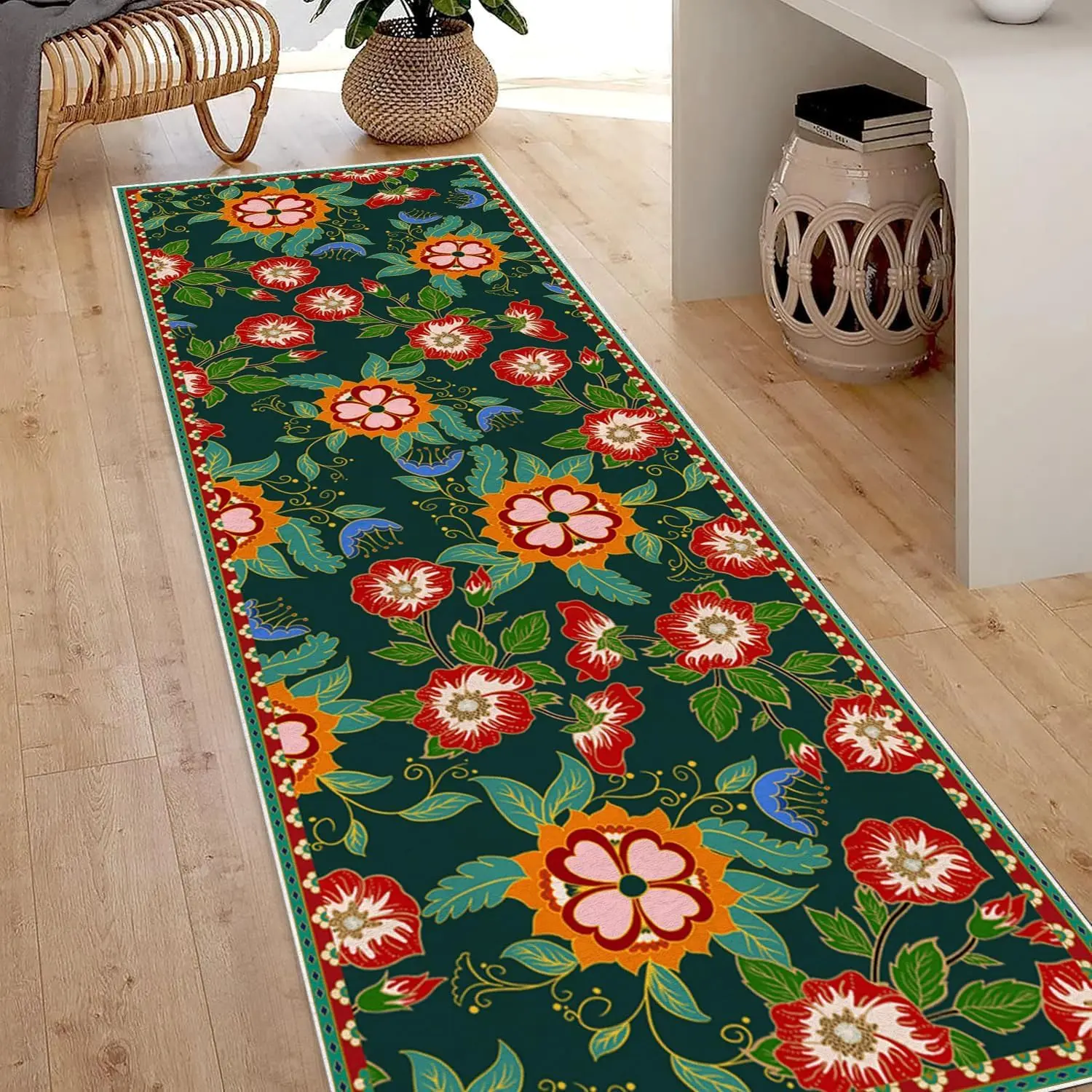 Bohemian Floral Runner Rug for Hallways 2x3ft,Floral Washable Long Rugs,Vintage Flower Low Pile Non Slip Runner,Boho Thin Ruggable Rug for Living Room Bedroom Entryway