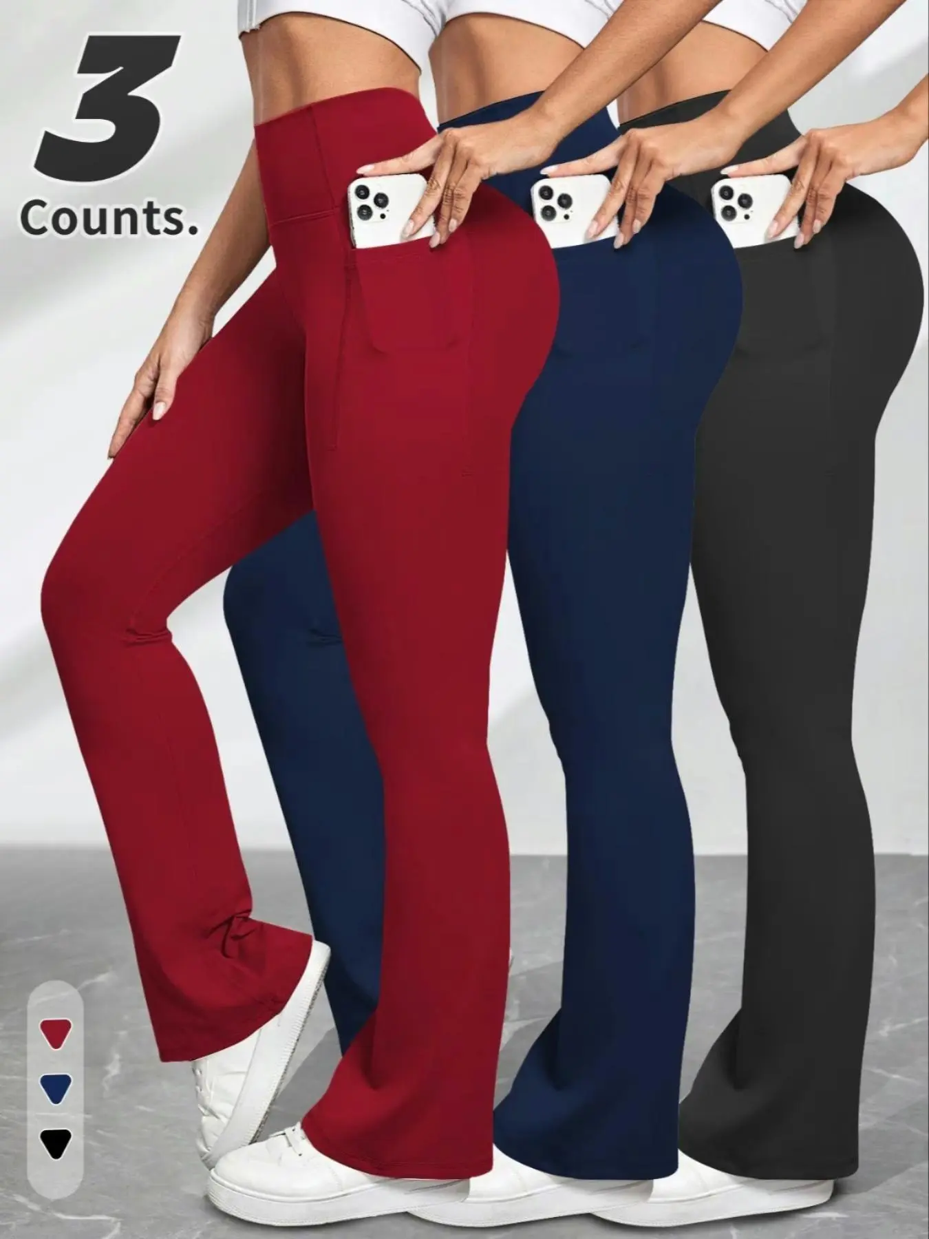 Women's Solid High Waist Flare Leg Sports Leggings, Leggings with Pockets, Casual Comfy Pocket Design Bell Bottom Trousers, Athleisure Pants for Yoga Gym Workout, Ladies Sportswear for All Seasons, Activewear For Fitness, Gym Sportswear Bottoms