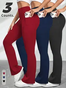 Women's Solid High Waist Flare Leg Sports Leggings, Casual Comfy Pocket Design Bell Bottom Trousers, Athleisure Pants for Yoga Gym Workout, Ladies Sportswear for All Seasons