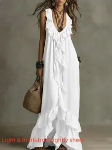 Summer New Fashion Solid Color Light Sleeveless Ruffle Casual Boho Vacation Style Urban V-Neck Short Sleeve Ruffle Vintage Dress
