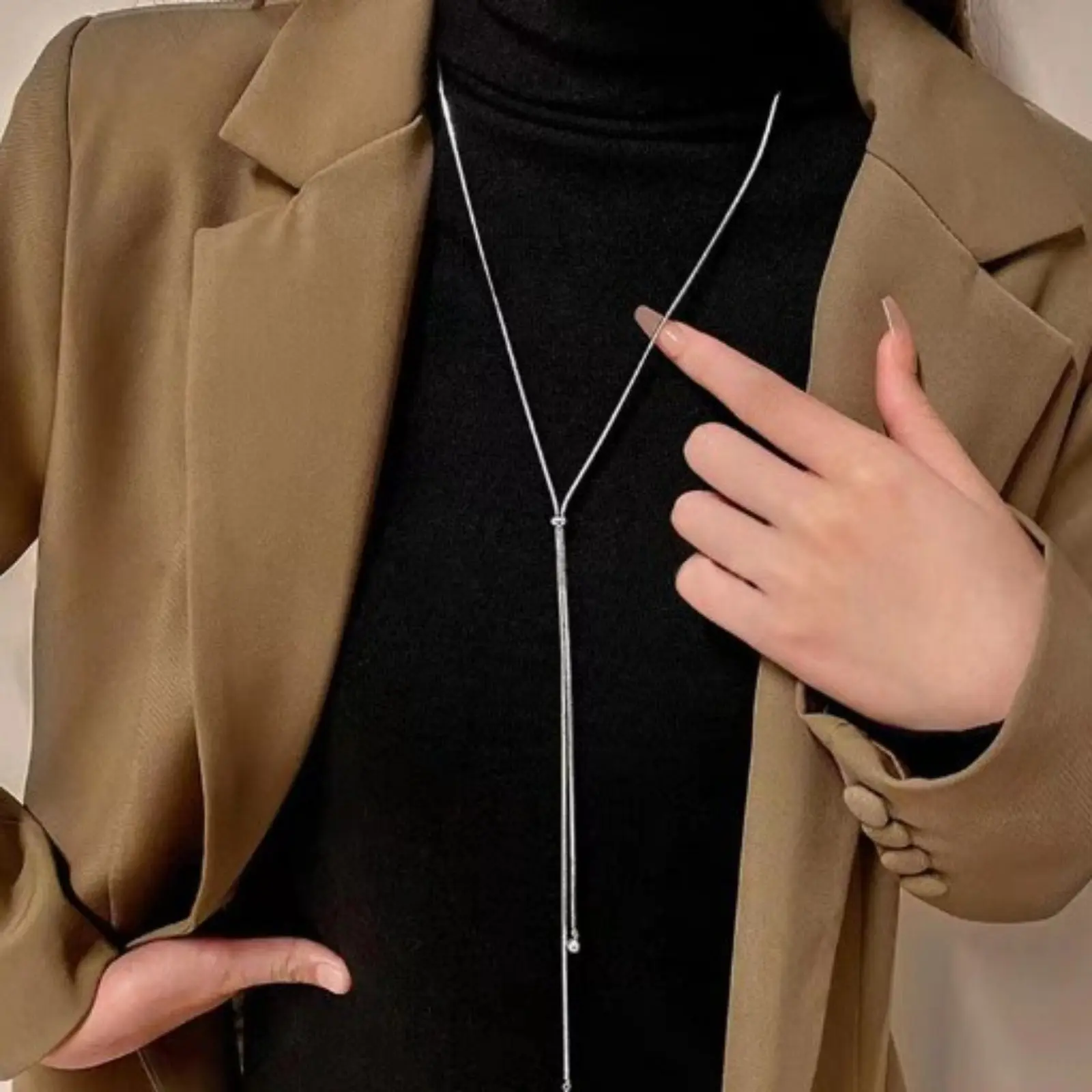 Women Silver Adjustable Slide Ball Snake Chain Lariat Necklace, Viral Minimalist Pull Tie Y Drop Long Tassel Neck Jewelry, Thin Smooth Serpentine Pullable Choker, Waterproof Anti-tarnish Stainless Steel Layering Accessory for Office Daily Dating Gift for