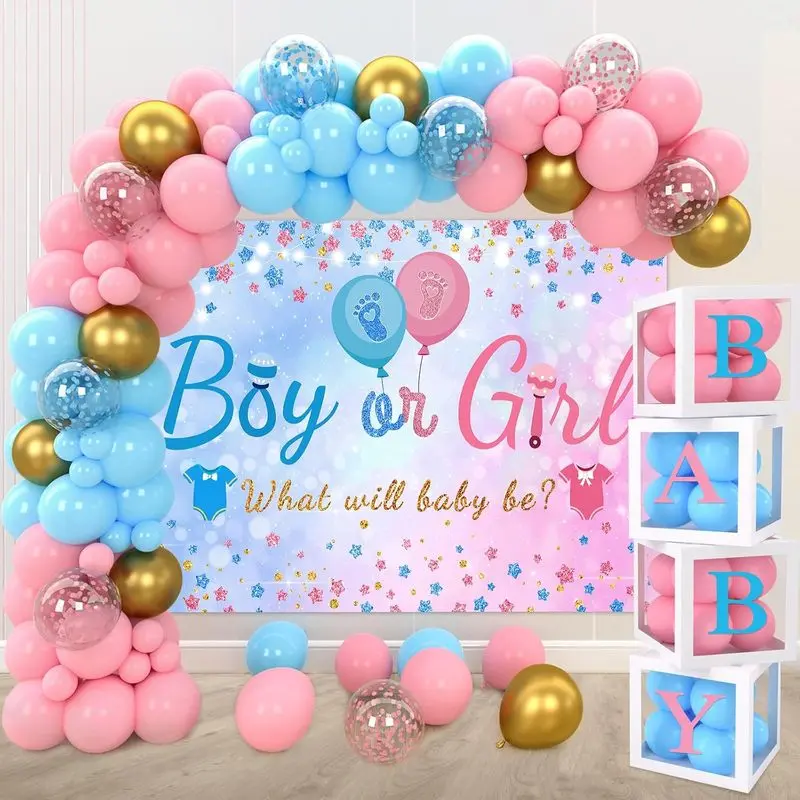 141 PCS Pink & Blue Latex Paper Gender Reveal Decorations Large Set, Balloon Garland Arch with 4 Balloon Boxes & Cartoon Photo Backdrop, Baby Shower Party Supplies