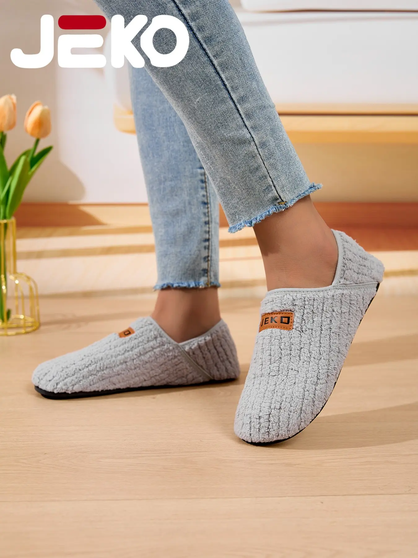 JEKO 2-Way Wear Fuzzy Indoor Slippers, Warm Indoor Footwear, Machine-Washable Lightweight Plush-Lined Slip-On House Shoes with Soft Thin Flexible Non-Slip Sole, Fold-Down Heel and Barefoot-Feel Comfort for Bedroom & Home Wear