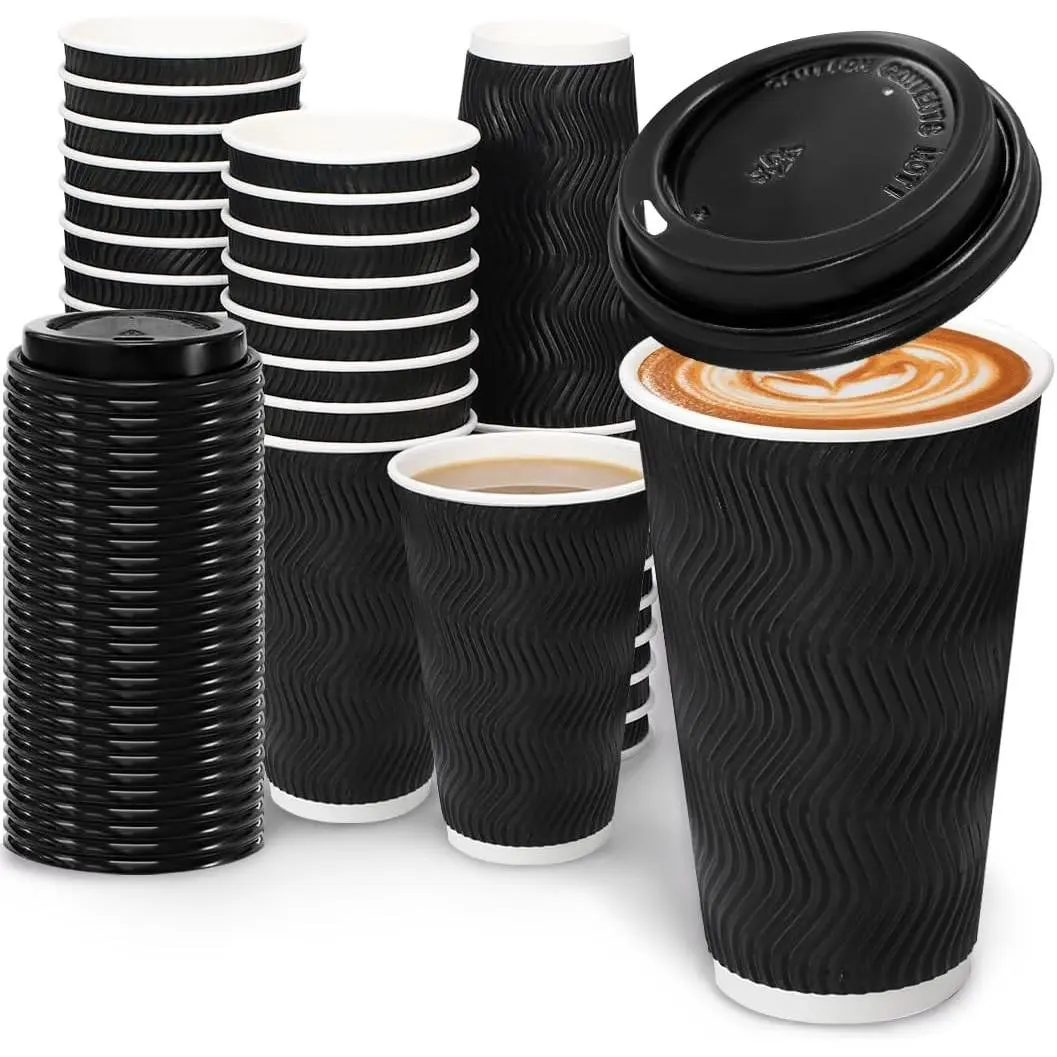 100 Pack 16 oz Coffee Cups with Lids, Disposable Insulated Hot Cups To Go Paper Coffee Cups, Corrugated Ripple Wall Cup for Hot Drink, Office, Coffee Bar (Black 16 oz)