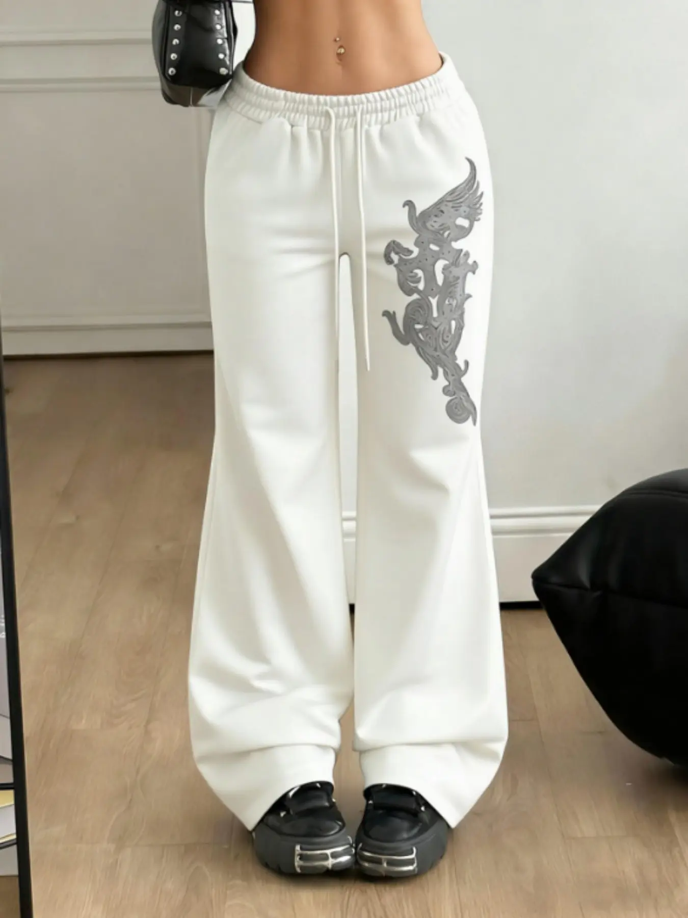 Dark Y2K Grunge Streetwear Silver Phoenix Totem Graphic Baggy Flared Sweatpants Viral FYP Elastic Waist Drapey Loose Fit Lounge Joggers Hip Hop OOTD Daily Outfit Unisex Casual Pants