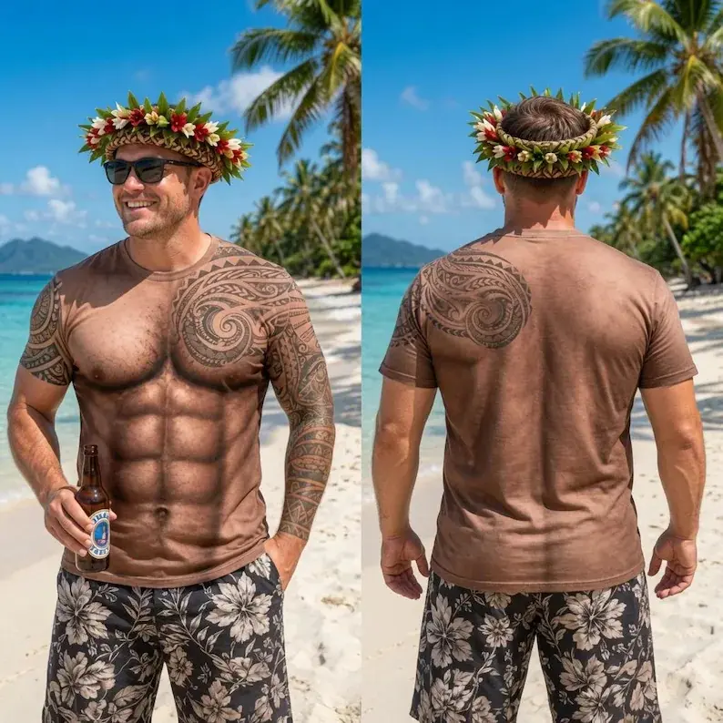 Custom Muscle Tattoo T-Shirt, Beach Shirt, Polynesian Tribal Tee, Funny Summer Vacation Gift, Tropical Outfit