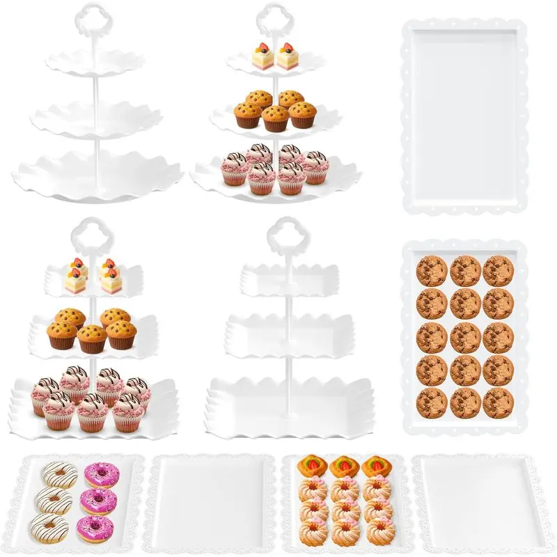 10Pcs Rectangle Dessert Table Decor Kit - 3-Tier Cupcake Stand, Cookie Holder & Cake Serving Trays for Wedding, Bridal Shower, Home Party Supplies