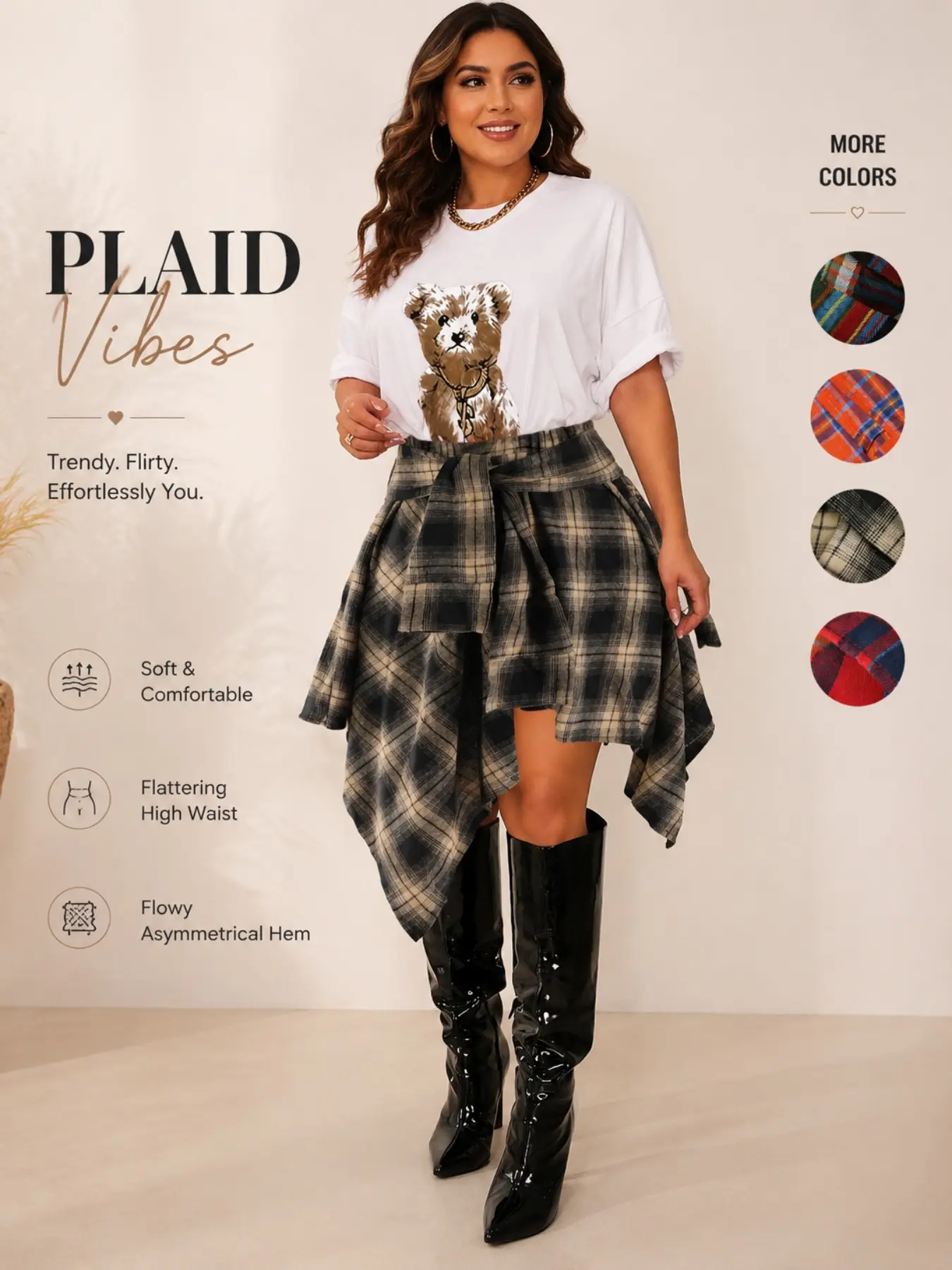 [Plus Size] Plaid Print Asymmetrical Hem Street Fashion Skirt, Casual Knee Length Skirt for Fall & Winter, Women's Bottoms for Daily Wear