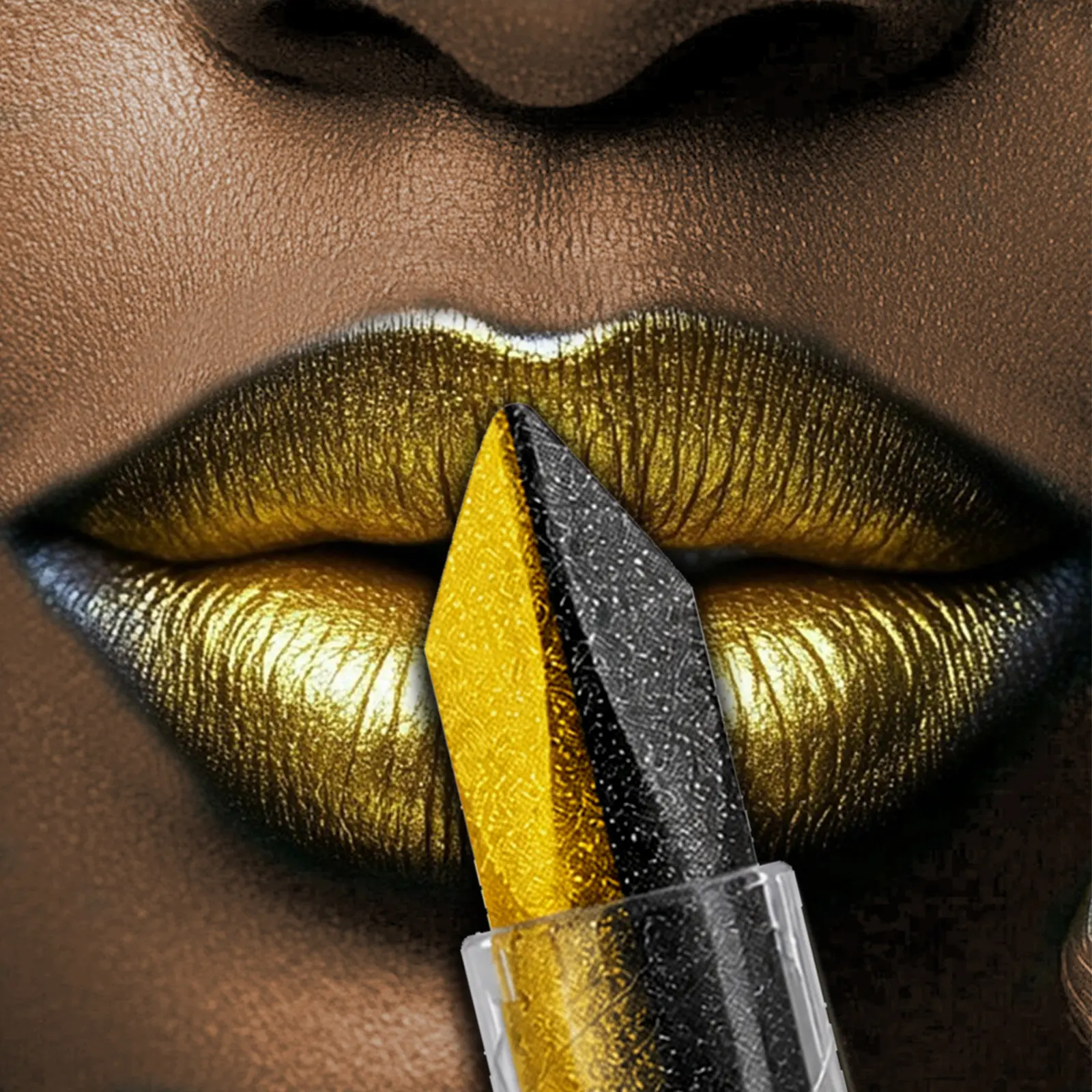 Dual Color Metallic Liquid Lipstick Black Gold Shimmer Glitter Lip Gloss Long Lasting Waterproof Metallic Lip Makeup for Halloween Party Stage Cosplay