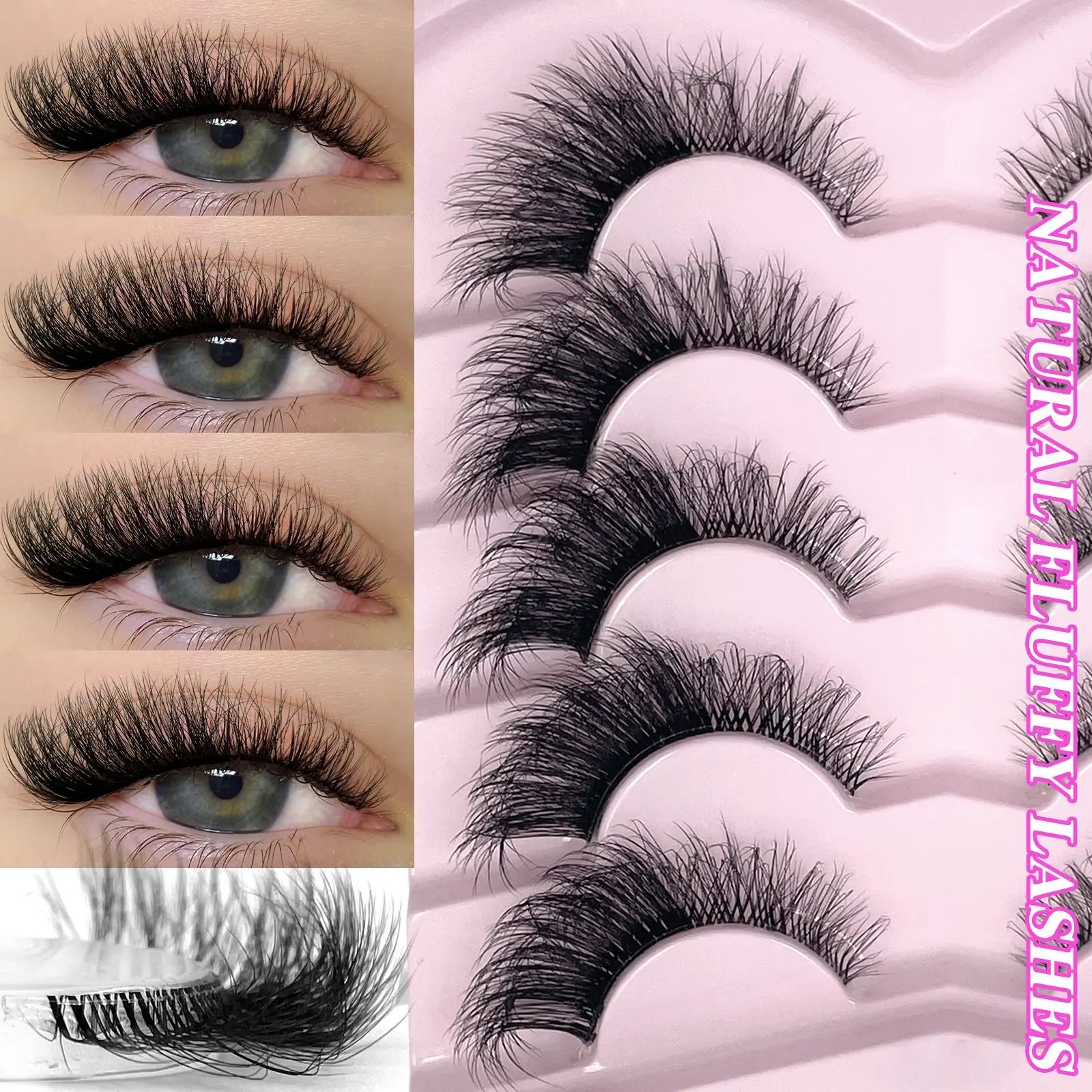 5 Pairs Eyelashes with Clear Band Strip Lashes Fluffy Natural Look Wispy Light Short False Eyelashes Invisible 3D Fake Lashs Pack Cosmetic