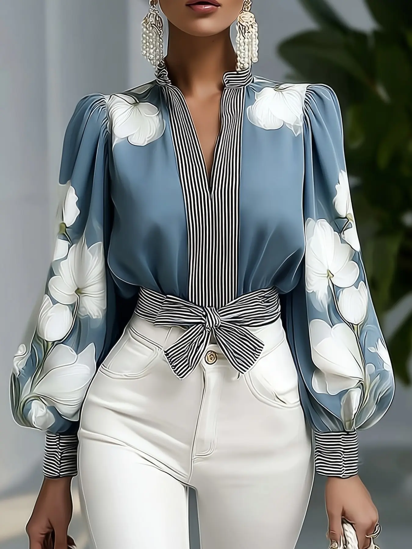 Women's Fashion Long Sleeve Shirt Top, Floral Patchwork Design, Stand Collar, Perfect for Fall Winter, Includes Belt