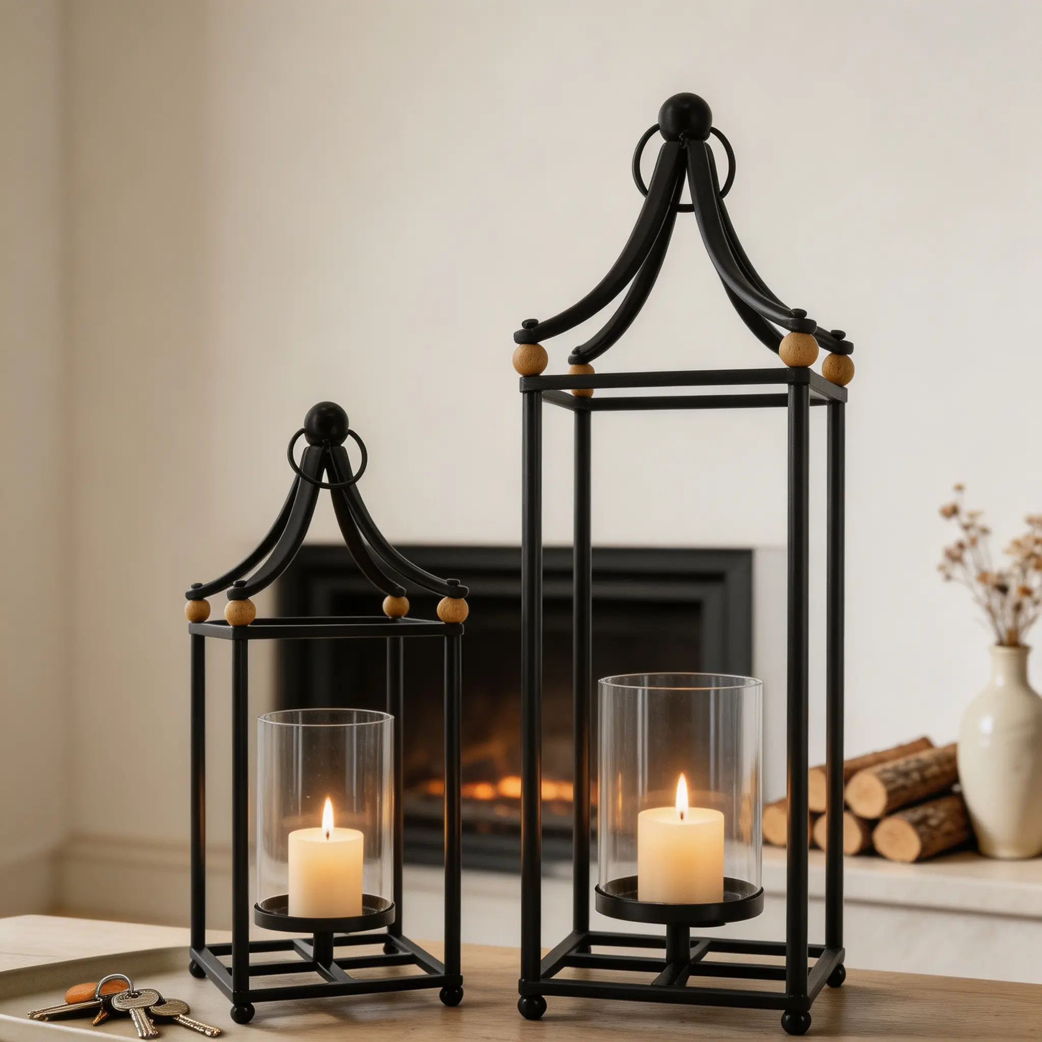 Set of 2 Black Arched Iron Lantern Decor, Tall & Short 2 Sizes Metal Candle Lantern Holder, Vintage Farmhouse Hanging Lantern for Tabletop Patio Wedding Home Decor dish incense Classic