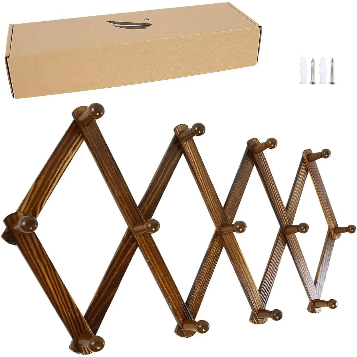 Accordion Style Expandable Wall Wooden Coat Rack 13 Hooks (Pegs) Hang Hats Jackets Coffee Mug Purses Necklaces Towels Cap Leash Scarves Data Line Kitchenware (Walnut)