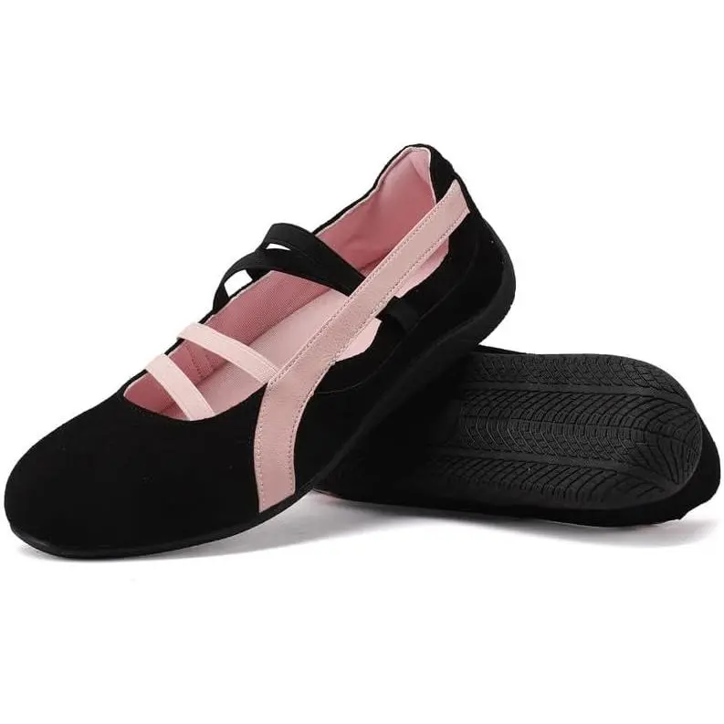 Women's Cushioned Mary Jane Shoes, Suede Color-Block Ballet Sneakers, Slip-On Flat Heel Work-to-Party Flats with Non-Slip Rubber Sole, Ballet Flats