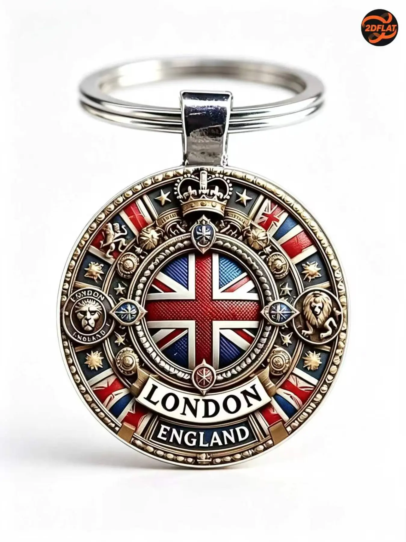 Vintage London Uk Keychain, Round Glass Pendant with Union Flag, Crown, Star Design, Durable Metal, Travel Accessory, Patriotic Gift