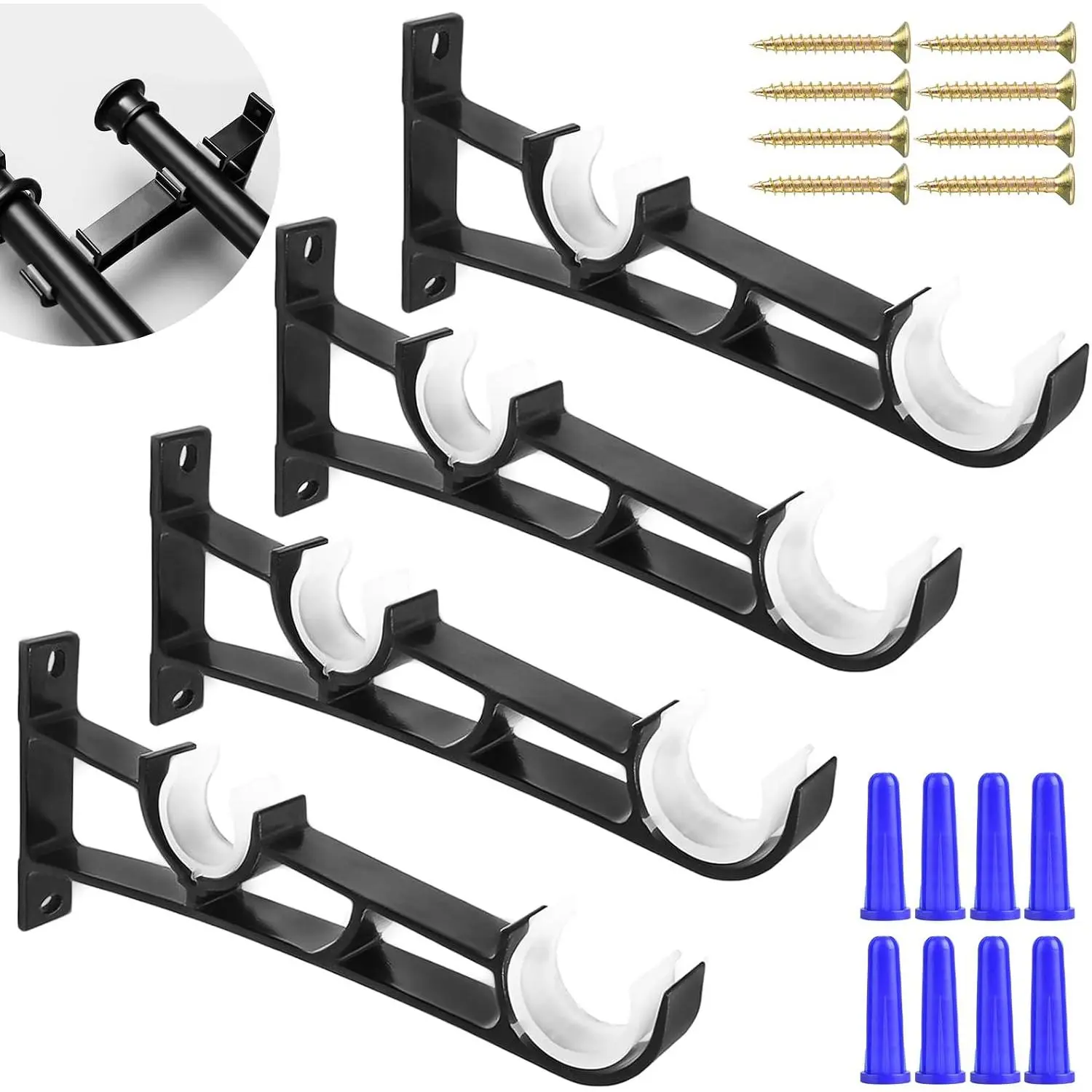 4 count Double Curtain Rod Hooks Heavy Duty Double Curtain Rod Bracket Rod Support Hanger for 1 to 1.1 Inch Rod