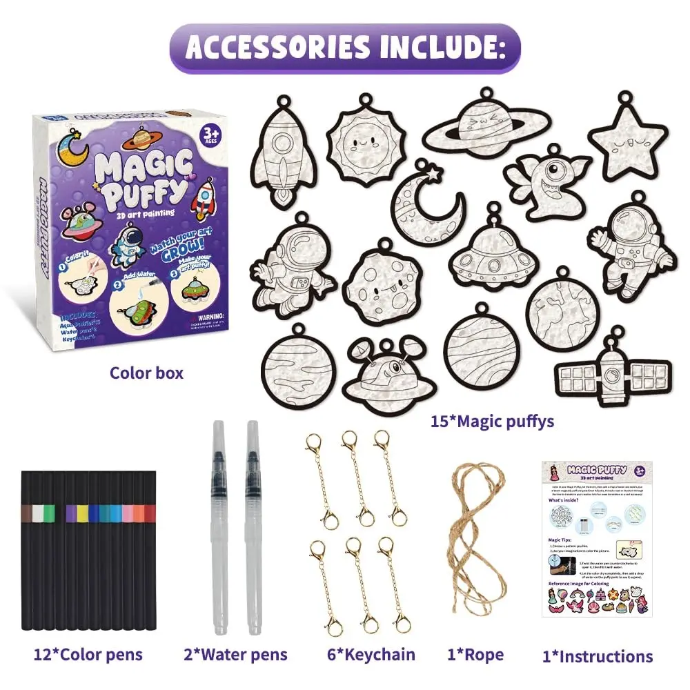 DIY Puffy Art Painting Kit, Water Activated Coloring Craft Set, 12 Color Markers, Keychain Making Kit, Fantasy Theme, Kids Ages 3+