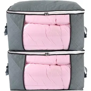 Comforter Storage Bag, Zippered Bag with Large Clear Window and Carry Handles, Space Saver Organizers for Closet, Blanket, Pillow, Quilt, Bedding, Clothes (2Pcs Grey Large)