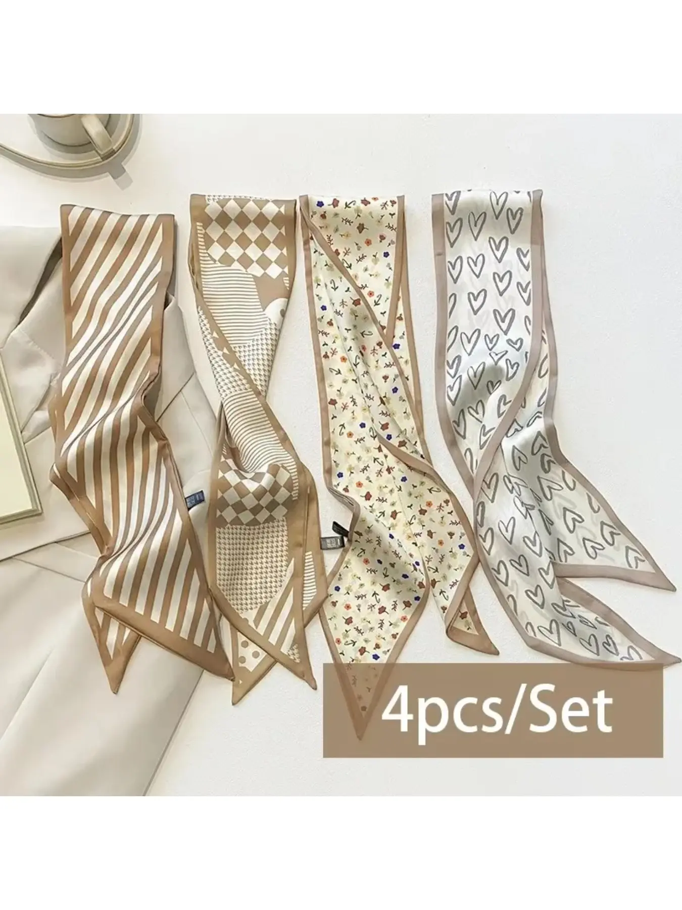 French elegant khaki small silk scarf, women's double-sided narrow ribbon, daily commuting wear matching accessories