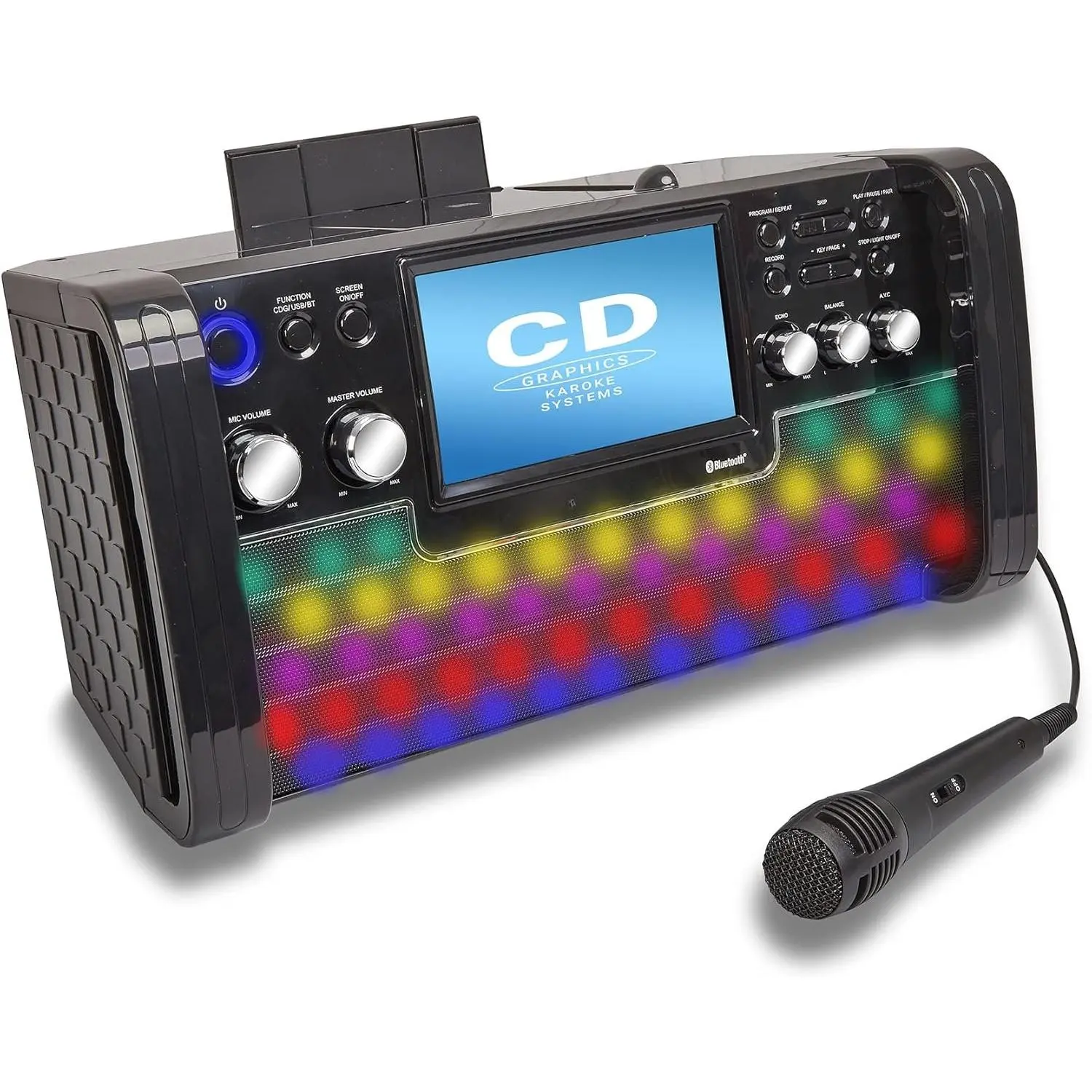 KS780-B Portable  CD+G Karaoke Machine l -in 7 Inch TFT Screen l Stereo Speakers l Detachable Tablet Holder l USB for MP3 Record & Playback l Microphone Included l Light Effects
