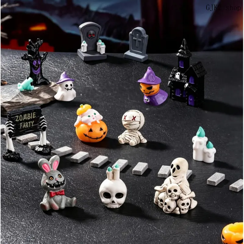 Mini Halloween Figurine Set, Spooky Ghost Pumpkin Skull Tombstone Miniatures for DIY Micro Landscape Decor