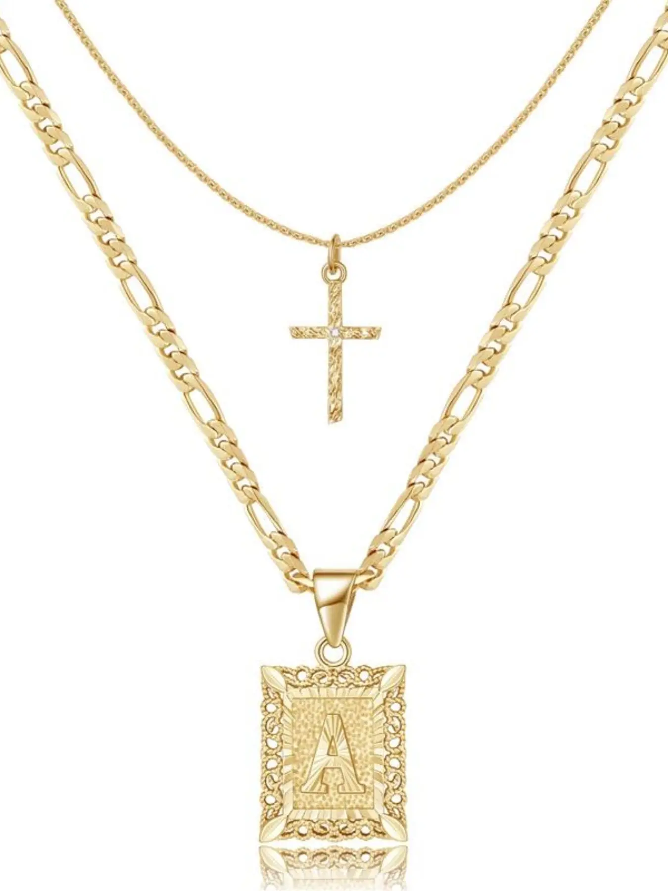 Gold Layered Initial Cross Necklace, Golden Plated Layering Square Letter Pendant Figaro Chain Cross Choker from A-Z Capital Jewelry for Women Girls