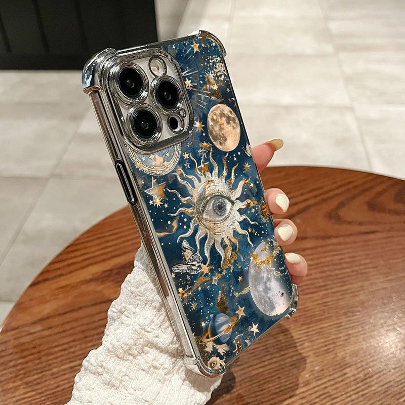 Celestial Sun and Moon themed Pattern Four Comers Air Cushion Anti-drop phone case Suitable for iPhone 16 15 14 13 12 11 Pro Max Plus electroplated Shockproof case Screen Protector Protection Protective Cover Smartphone Casing