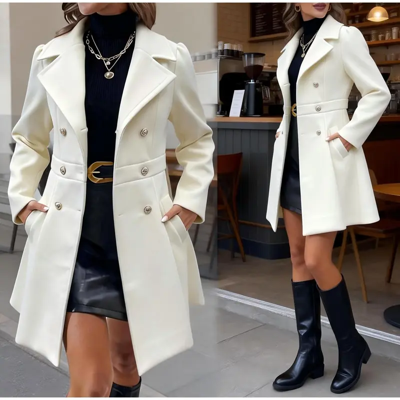 VVZ 2026 Women’s Solid Double Breasted Lapel Overcoat, Long Sleeve Pocket Coat, Elegant Casual Outerwear, Women Fall Winter Fashion Outfit For Daily & Office Wear