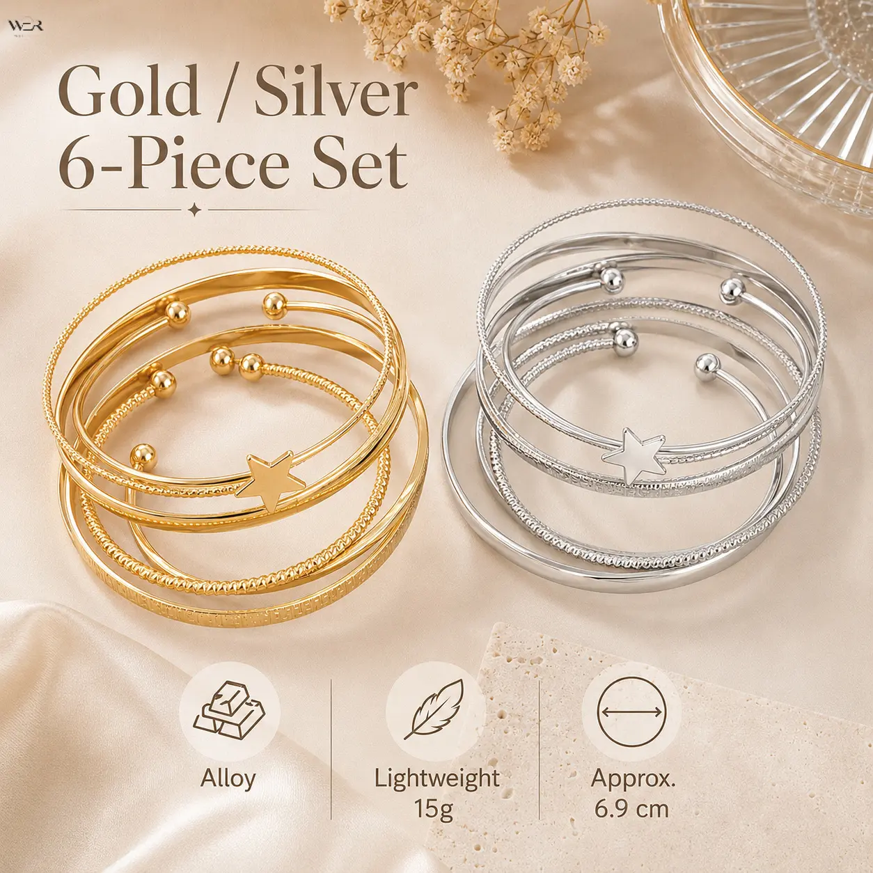 6-Piece Star Bangle Set for Women, Multi-Texture Stackable Alloy Cuff & Chain Bracelets, Adjustable Jewelry for Daily Wear, Bracelets For Women, Chain Jewelry Bracelets & Bangles