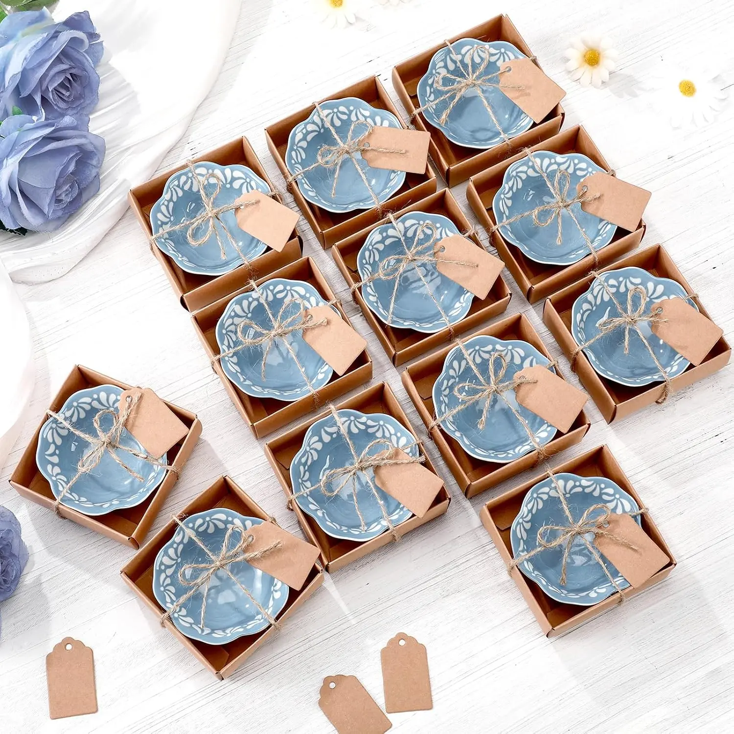12 count 24 Sets Cielito Lindo  Shower Party Favors Small Ceramic Bowl Bulk Gifts 3.3 Inch Platos De Barro Mexicanos Mini Dipping Sauce Dish with Card Box (Floar,Blue)