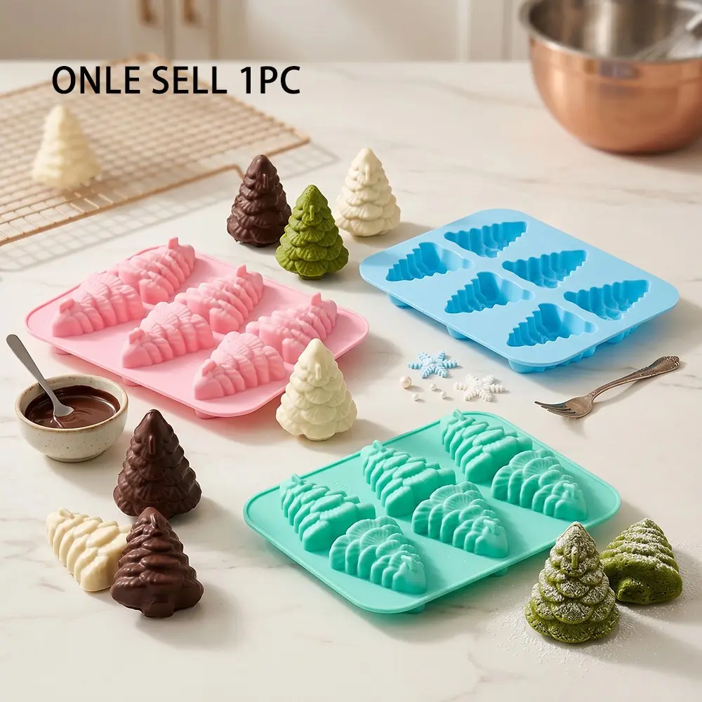 1PC Christmas Silicone Mold, 6-Hole Christmas Tree Shape Cake Mold, Ideal for Holiday Bread Baking, Creative Candle Making Tool, Silicone Baking Molds
