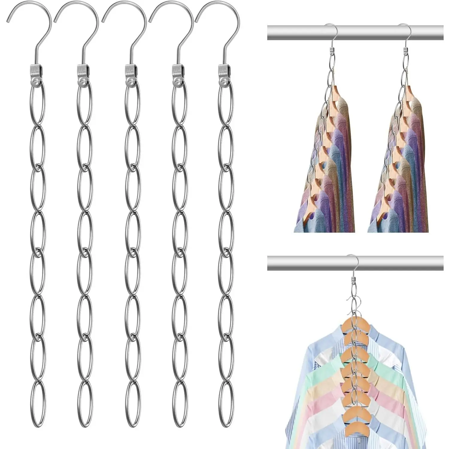40 Holes Clothing Chain Hangers : 5-Pack Metal Space Saving Hangers - 360 Degree Rotatable Hook for Easy Display and Access - Closet Organizers for Home Travel College Dorm Room