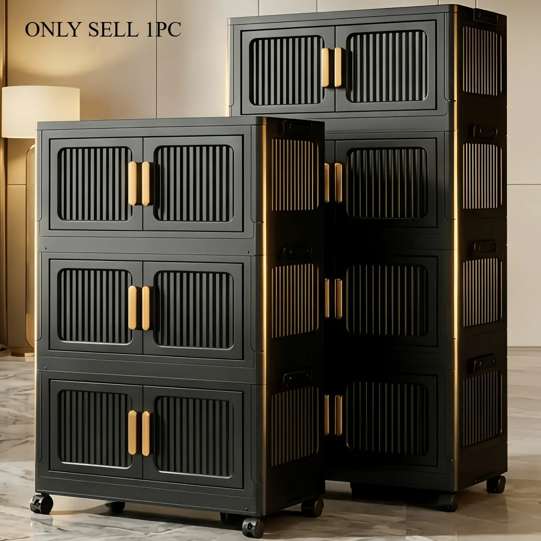 A multi-functional, large-capacity, foldable, Modern home storage cabinet with tool-free installation, featuring magnetic door and wheeled storage box, moisture & dust proof, 3/4-tier organization. Ideal for living rooms, bedrooms, kitchens, bathrooms