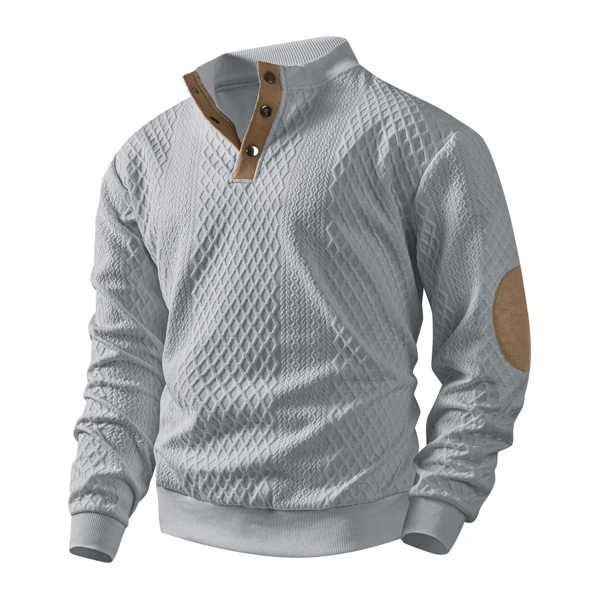 Men's Diamond Textured Henley Knit Sweatshirt - Menswear Knitwear, 100% Poly Plain Longsleeves, Button V-Neck Pullover, Faux Leather Elbow Patches, Ribbed Cuffs & Hem, Vintage Casual Top for Autumn Winter Daily Outdoor Use