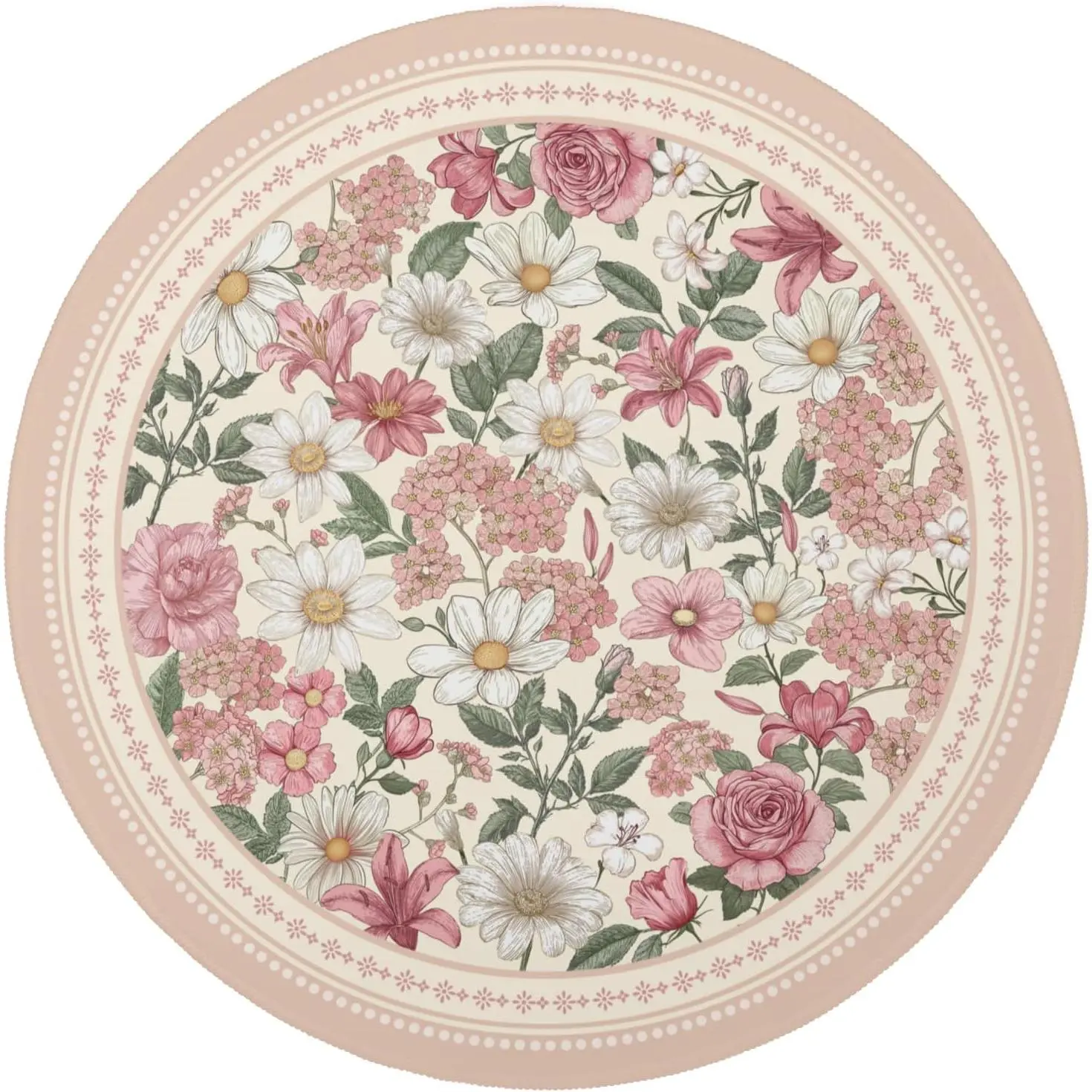 Pink Flowers Round Rug Hydrangea Lily Daisy Floral Area Rugs 4ft Non Slip Rubber Backing Circle Rug Low Pile Washable Carpet Front Doormat for Bedroom Living Room Entryway