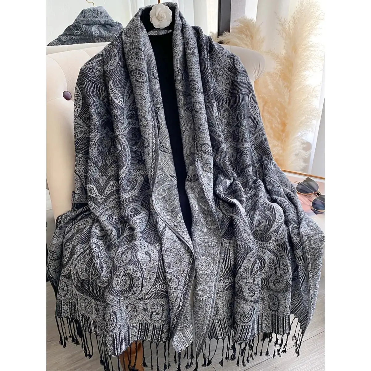 Women's Luxury Tencel Satin Boho Paisley Scarf - Long Flowing Tassels Pashmina Wrapwear, All-Seasons Elegant Fashion Accessory, Hair Wrap Scarf, Boho Shawl, Shawl For Dress